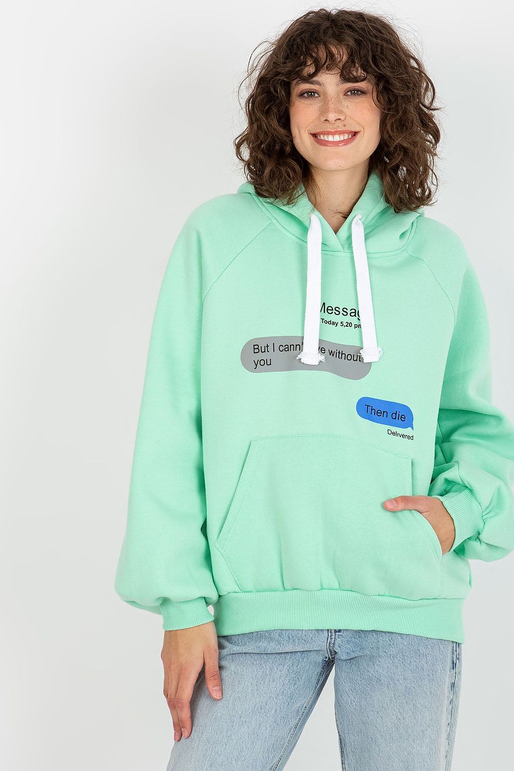 Ex Moda Hoodie in Mintgrün mit Print und Kängurutasche, Vorderansicht