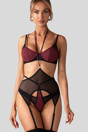 Obsessive Dessous-Set in Schwarz-Bordeaux mit transparentem Body, Vorderansicht