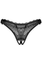 Obsessive offener Spitzen-String Schwarz mit floraler Spitze, Vorderansicht