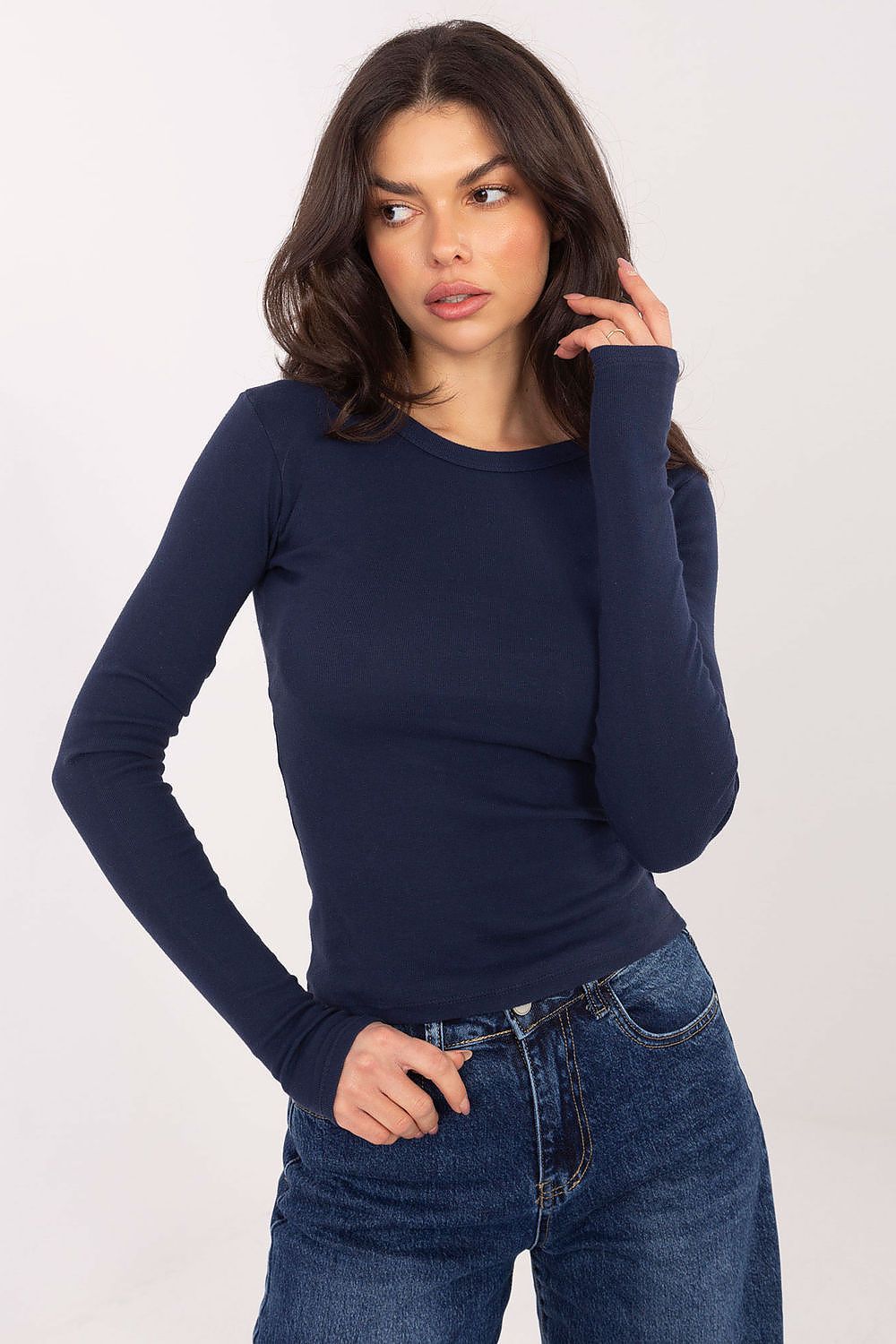 Factory Price Langarmshirt dunkelblaues Rundhals-Shirt, Vorderansicht