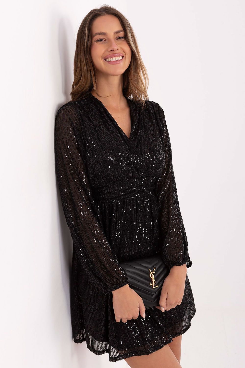 Italy Moda Paillettenkleid schwarz mit Wickelausschnitt, Vorderansicht
