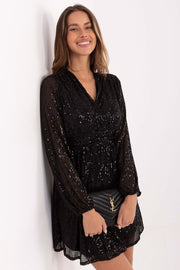 Italy Moda Paillettenkleid schwarz mit Wickelausschnitt, Vorderansicht