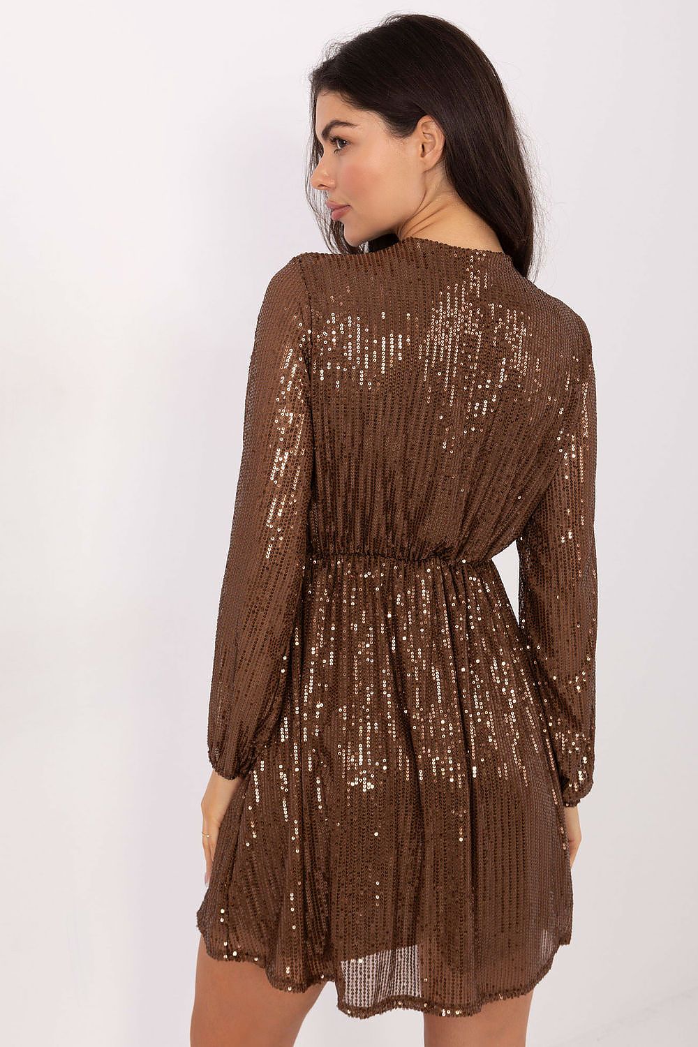 Italy Moda Paillettenkleid braun mit Wickelausschnitt, Rückansicht