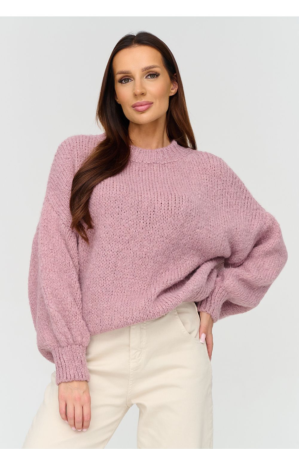 Makadamia Strickpullover in Rosa mit weiten Ärmeln, Vorderansicht