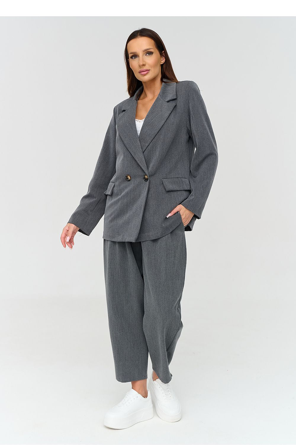 Makadamia Damen-Anzug-Set in Grau mit weitem Bein, Vorderansicht