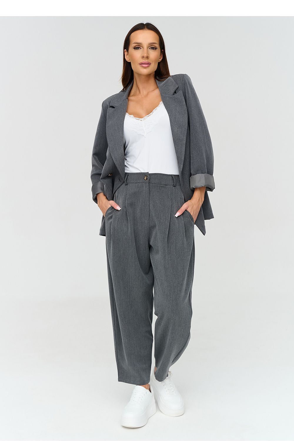 Makadamia Damen-Anzug-Set in Grau mit weitem Bein, Vorderansicht