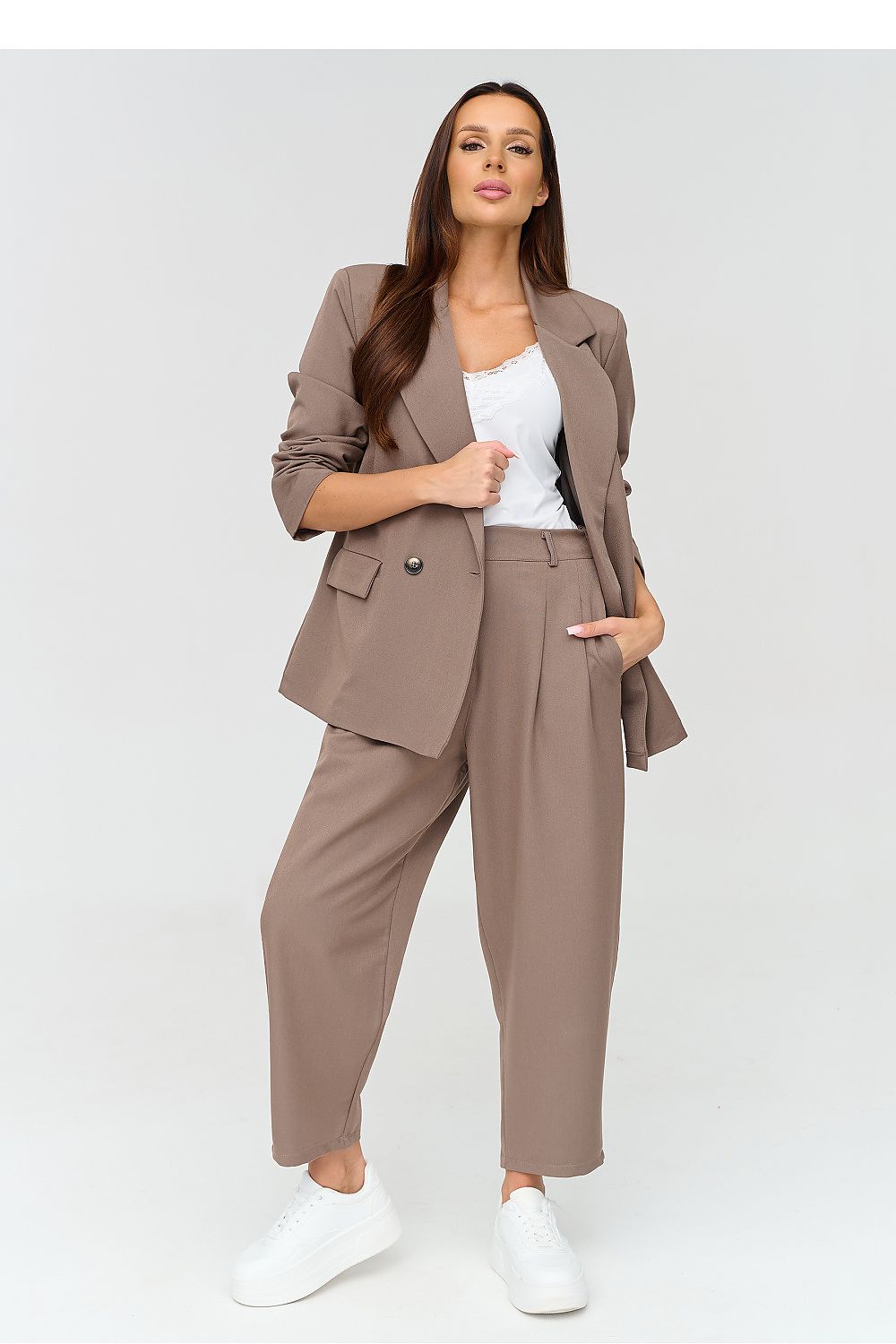 Makadamia Damen-Anzug-Set in Taupe mit weitem Bein, Vorderansicht