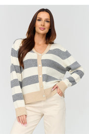 Makadamia Strickjacke in Grau-Creme mit Streifen, Vorderansicht