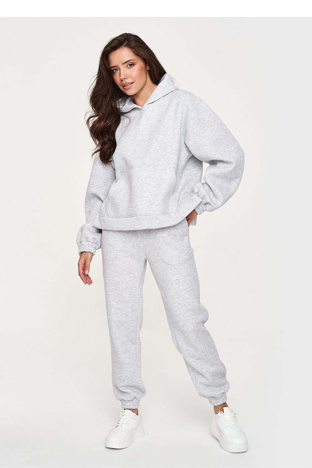 Makadamia Damen-Sweatshirt-Set hellgrau meliert mit Kapuze, Vorderansicht