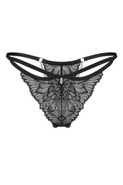 Obsessive Spitzen-String in Schwarz mit Zierkettchen, Vorderansicht
