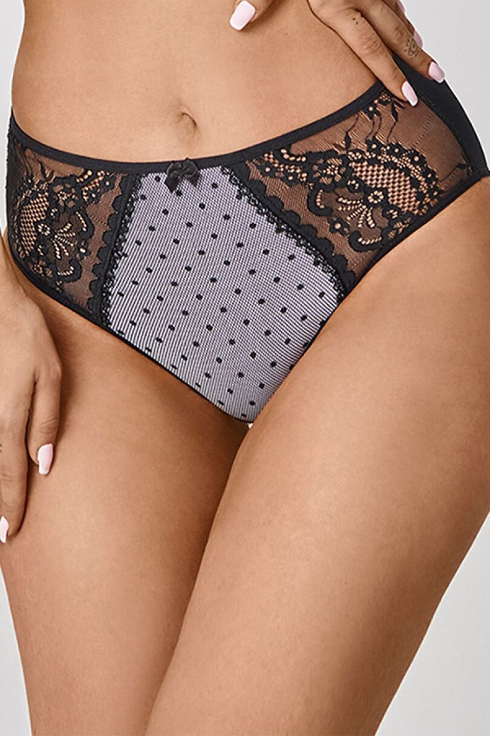 Azal Slip grau-schwarz mit Spitze und Punktemuster, Vorderdetail