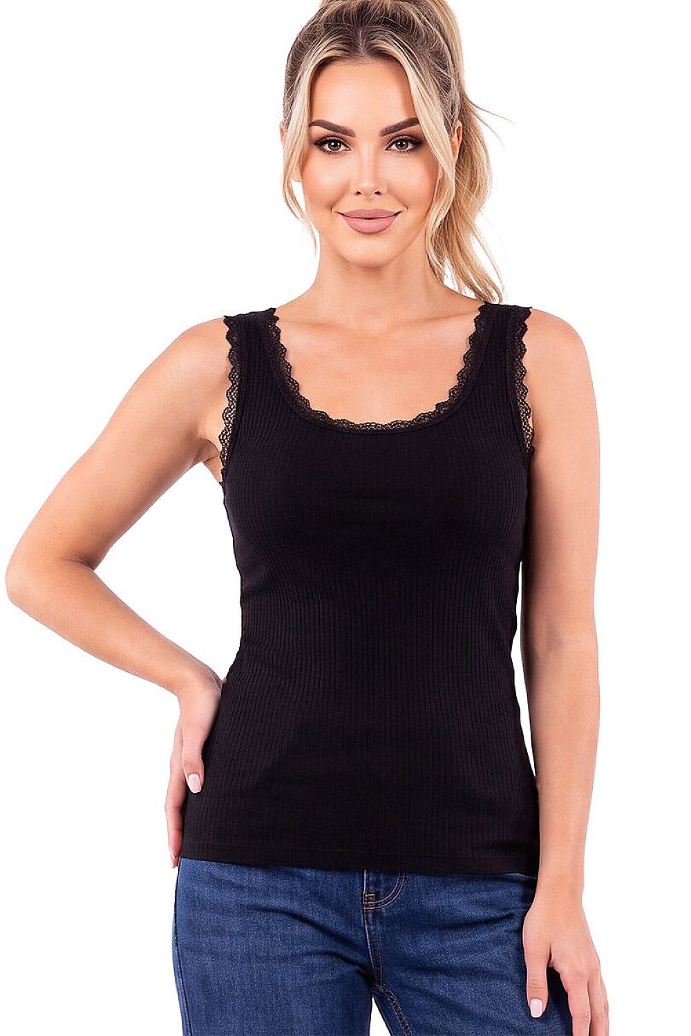 Donna Rippentop in Schwarz mit Spitzendetail, Vorderansicht