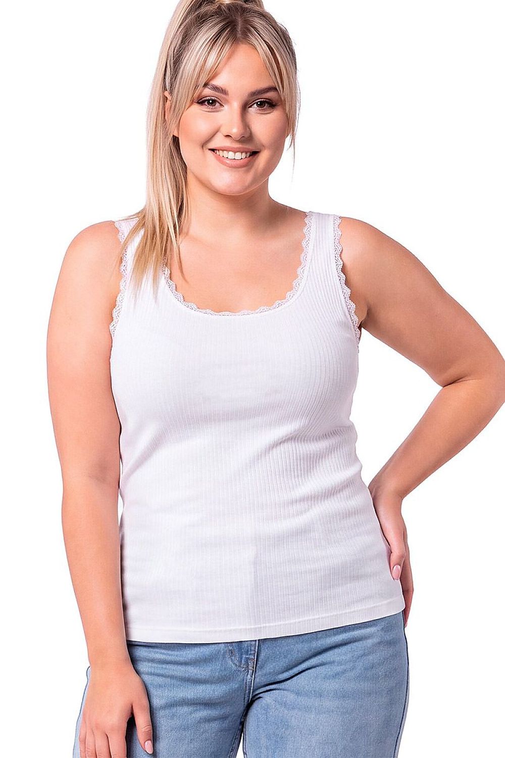 Donna Top in Weiß mit geripptem Stoff und Spitzendetail, Vorderansicht