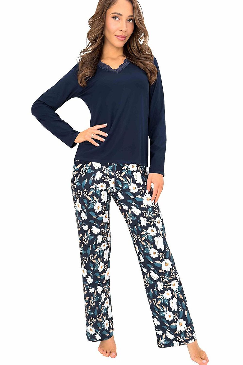 Donna Pyjama in Marineblau mit Blumenhose, Vorderansicht