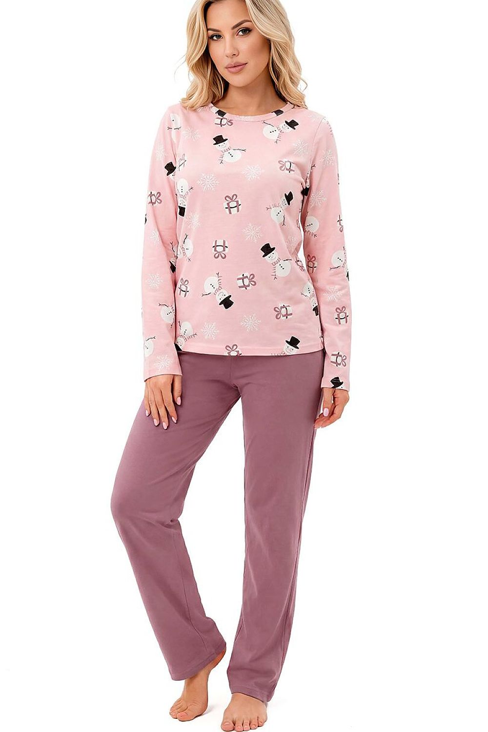 Donna Damenpyjama rosa mit Schneemannmuster, Vorderansicht