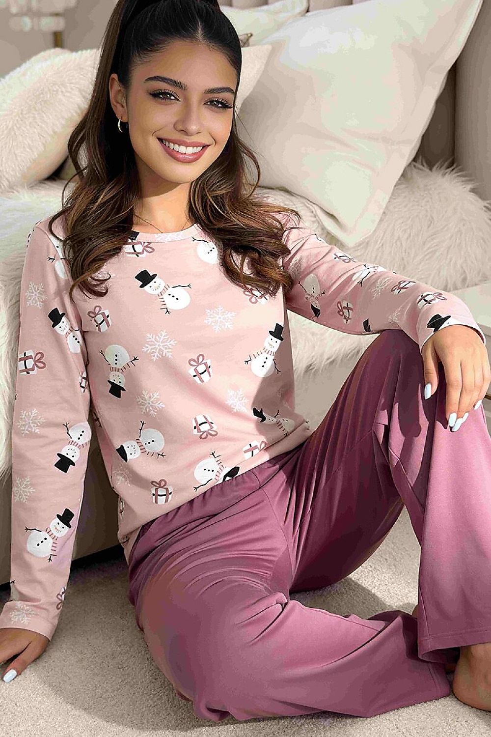 Donna Damenpyjama rosa mit Schneemannmuster, Ganzkörperansicht