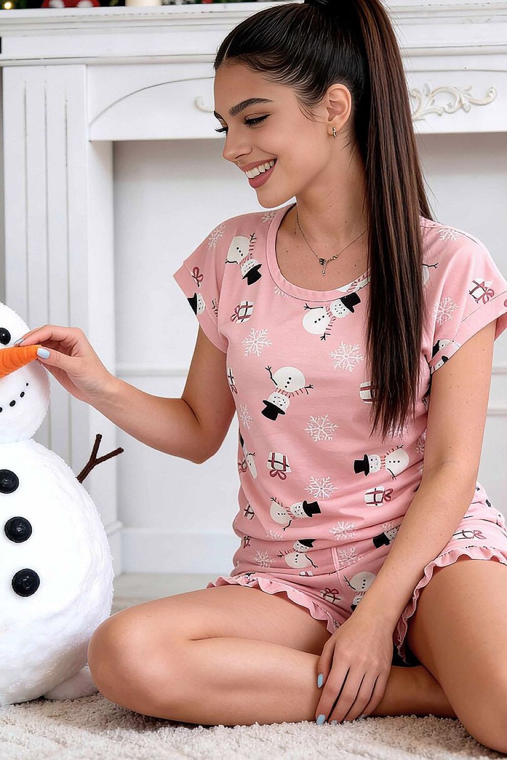 Donna Damen-Pyjama in Rosa mit Schneemannmuster, Seitenansicht