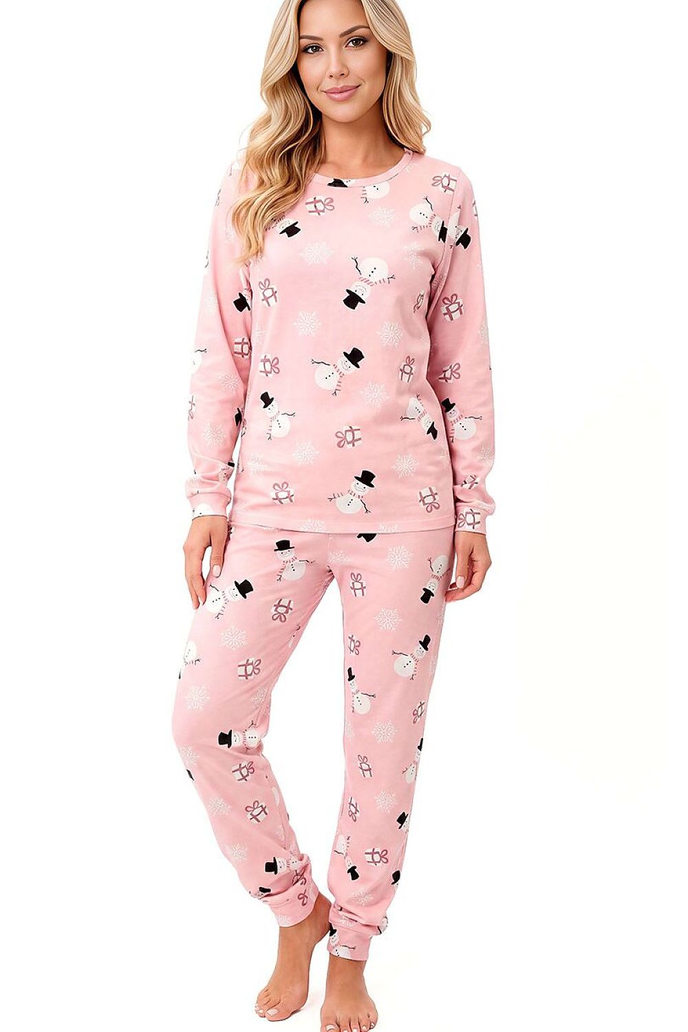 Donna Pyjama rosa mit Schneemannmuster, Ganzkörperansicht