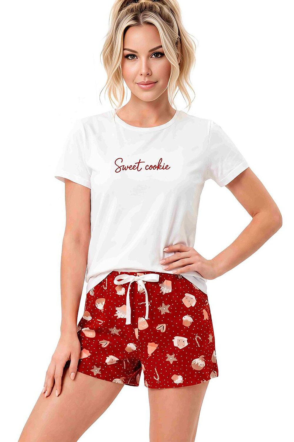 Donna Damen-Pyjama-Set in Weiß und Rot mit Weihnachtsmuster, Vorderansicht