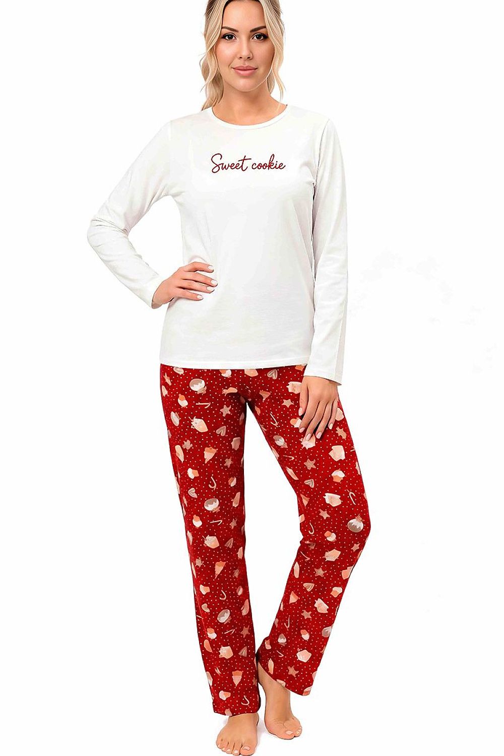 Donna Damen-Pyjama weiß-rot mit Weihnachtsmuster, Vorderansicht