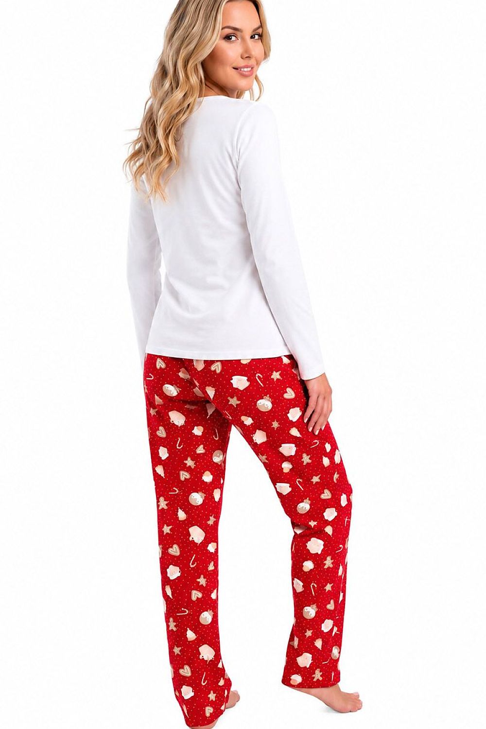 Donna Damen-Pyjama weiß-rot mit Weihnachtsmuster, Rückansicht