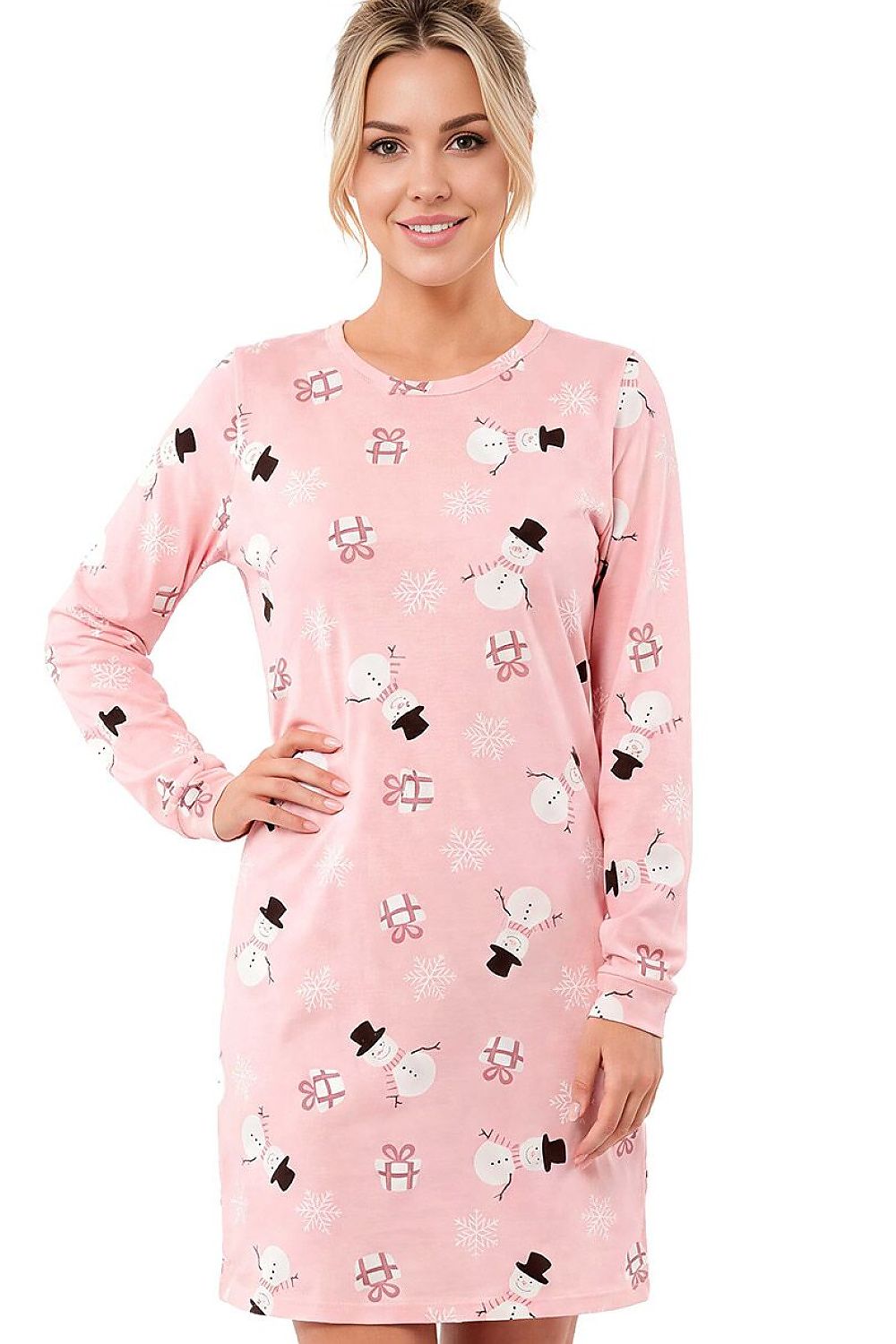 Donna Nachthemd Rosa mit Schneemann-Weihnachtsmotiv, Ganzkörperansicht