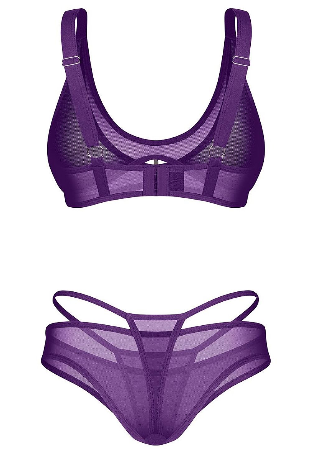 Obsessive Dessous-Set in Violett aus transparentem Netz, Rückansicht