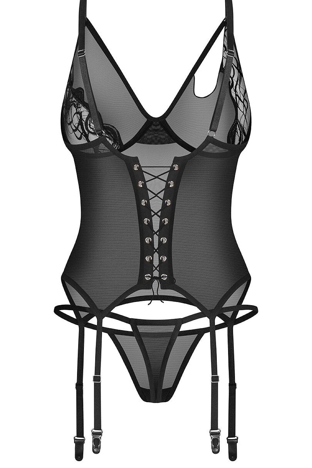 Obsessive Dessous-Set in Schwarz mit Spitze und Schnürung, Produktansicht