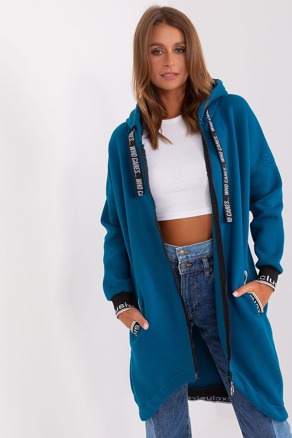 Relevance Longline-Kapuzen-Sweatshirt in Petrolblau mit Reißverschluss, Vorderansicht