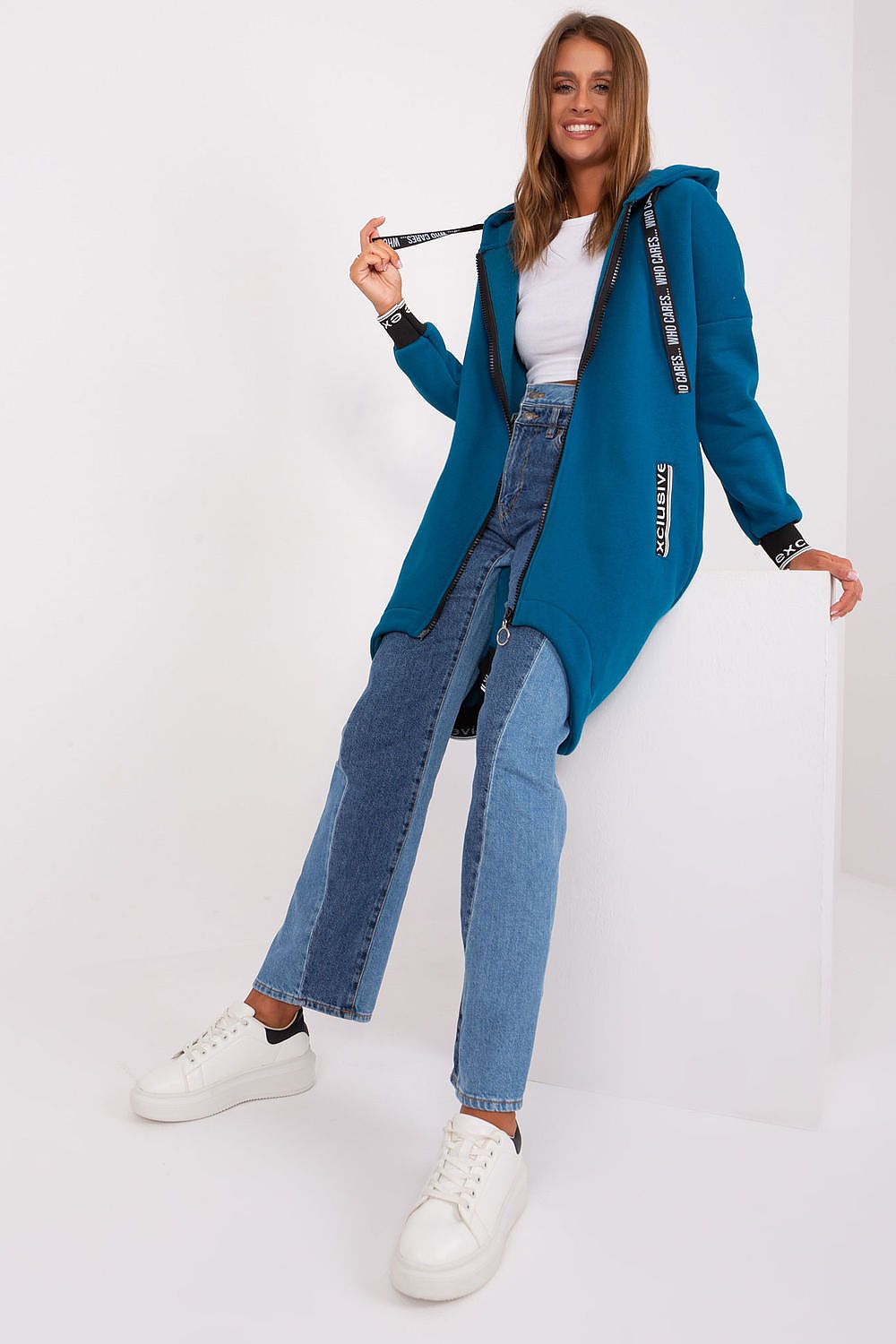 Relevance Longline-Kapuzen-Sweatshirt in Petrolblau mit Kapuze, Vorderansicht