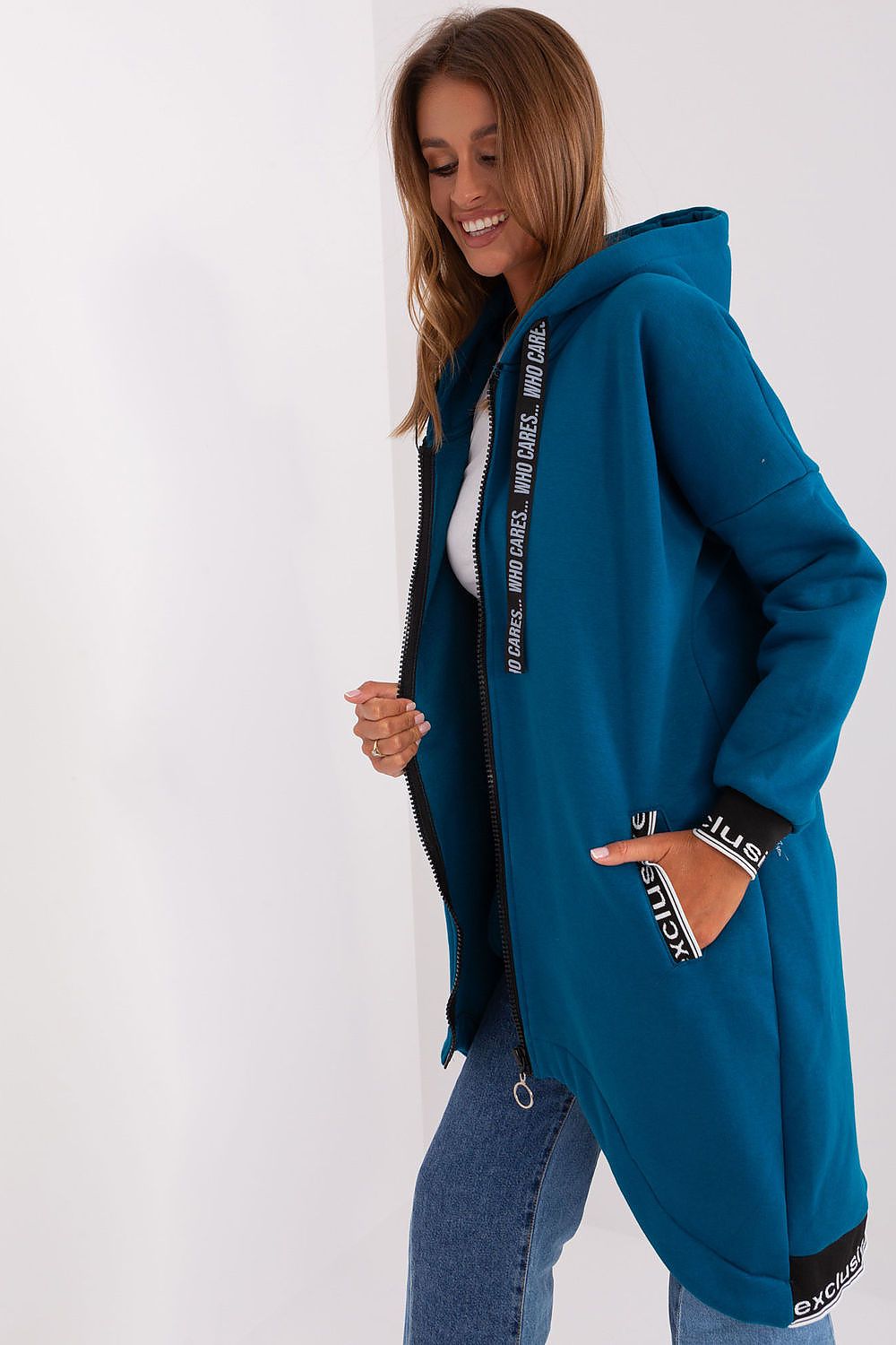 Relevance Longline-Kapuzen-Sweatshirt in Petrolblau mit Seitentaschen, Seitenansicht