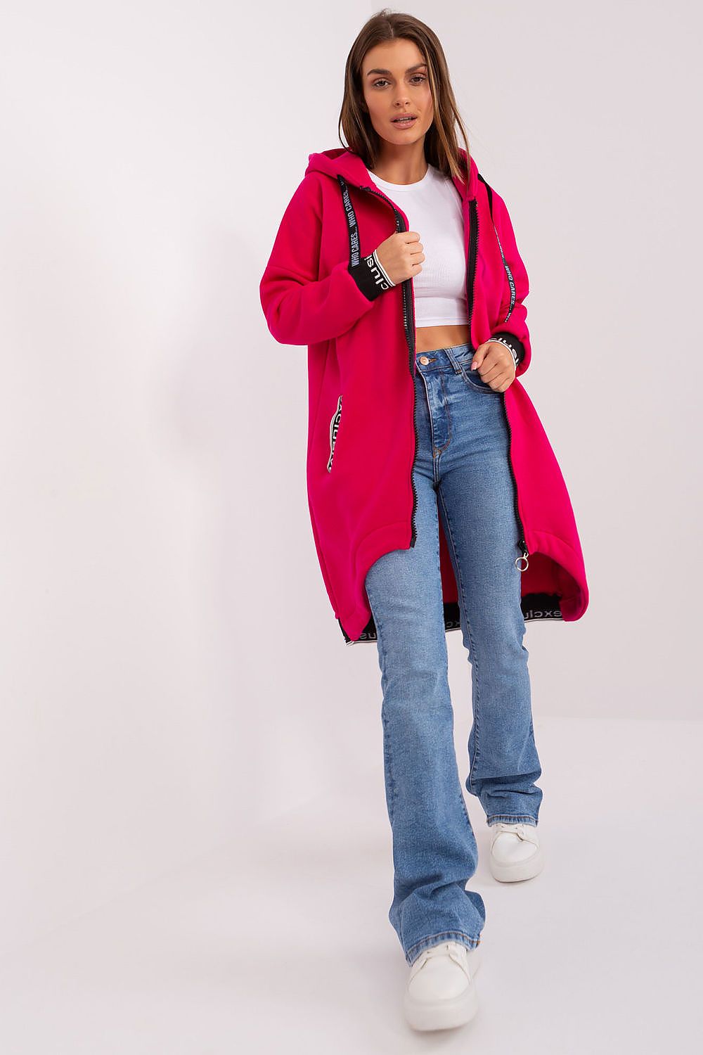 Relevance Longline-Kapuzen-Sweatshirt in Pink mit Reißverschluss, Vorderansicht