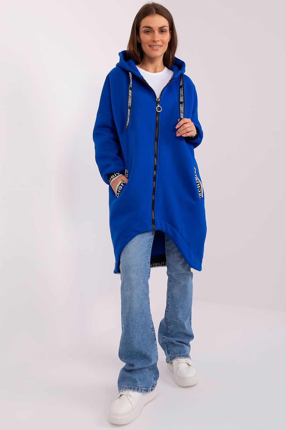 Relevance Longline-Kapuzen-Sweatshirt in Blau mit Reißverschluss, Vorderansicht