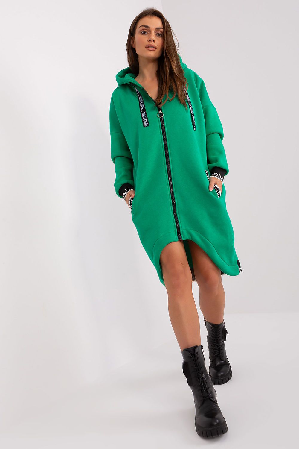 Relevance Longline-Kapuzen-Sweatshirt in Grün mit Reißverschluss, Vorderansicht