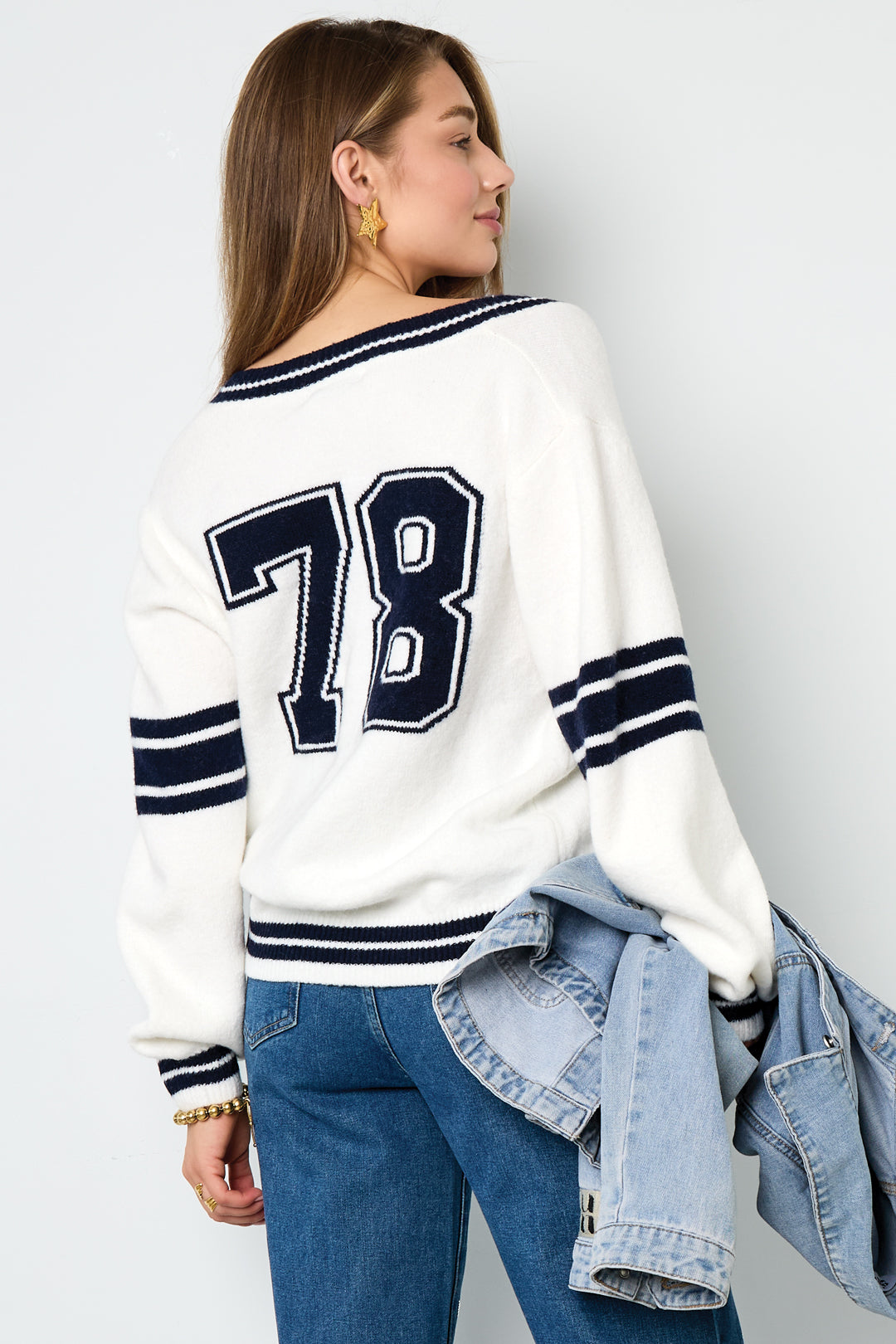 Gestrickte Polyesterfaser Damen V-Ausschnitt Pullover Sportlich Kontraststreifen