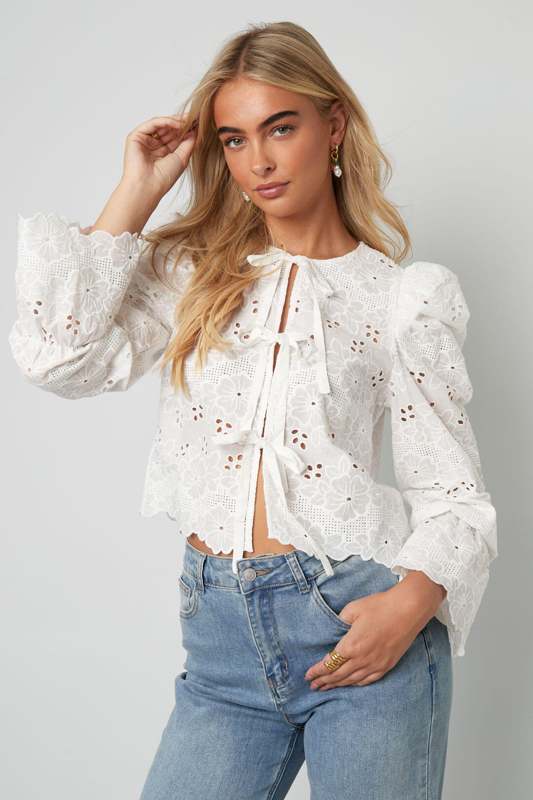 Baumwolle Gewebt Damen Langarm Oberteil Casual Cutout